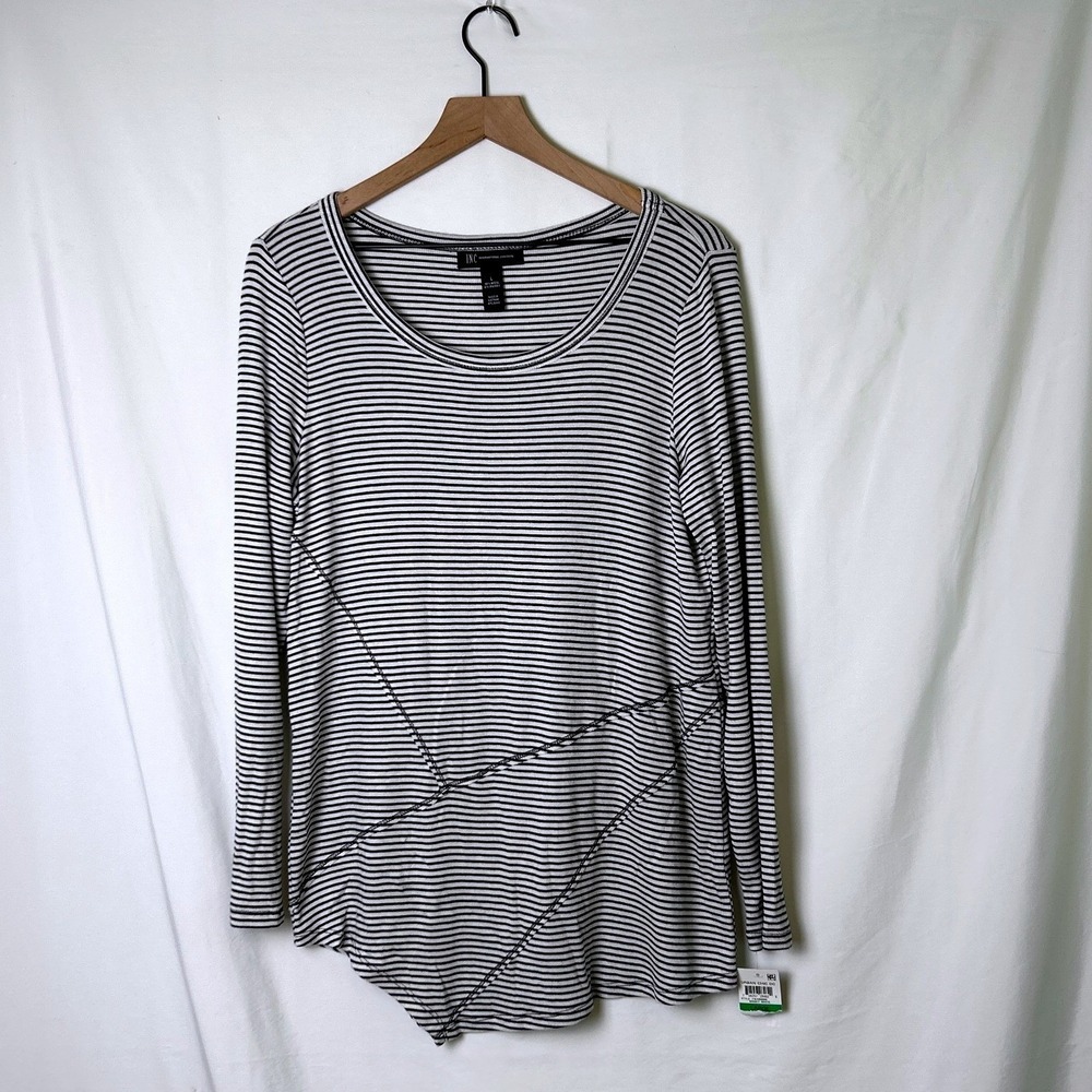INC Womens Striped Asymmetrical Seam Long Sleeve Top Size L White Black NEW